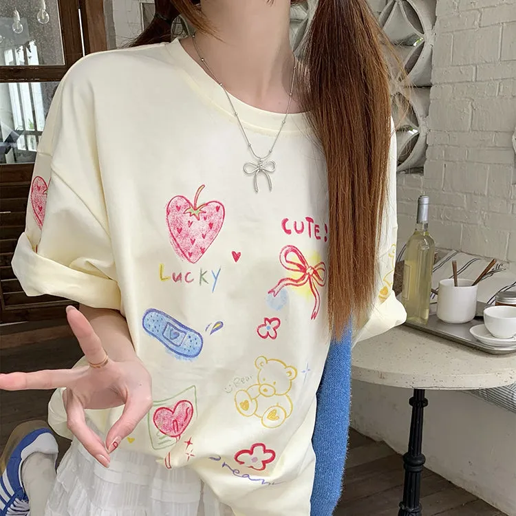 Women's Cute Cartoon Printed T-shirt with Ruffled Skirt