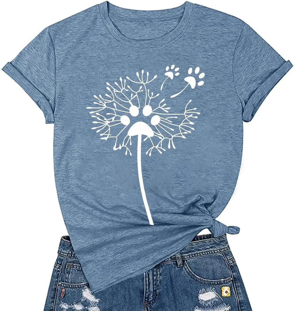 Women's Dandelion T Shirts Cute Wildflower Graphic Tees Funny Nature Bird Print Summer Casual Short Sleeve Tee Tops