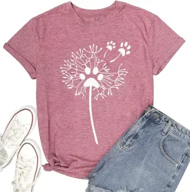 Women's Dandelion T Shirts Cute Wildflower Graphic Tees Funny Nature Bird Print Summer Casual Short Sleeve Tee Tops