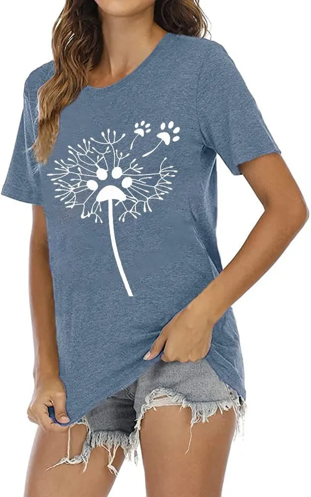Women's Dandelion T Shirts Cute Wildflower Graphic Tees Funny Nature Bird Print Summer Casual Short Sleeve Tee Tops