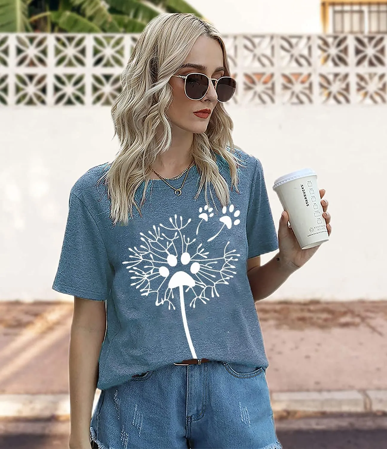 Women's Dandelion T Shirts Cute Wildflower Graphic Tees Funny Nature Bird Print Summer Casual Short Sleeve Tee Tops