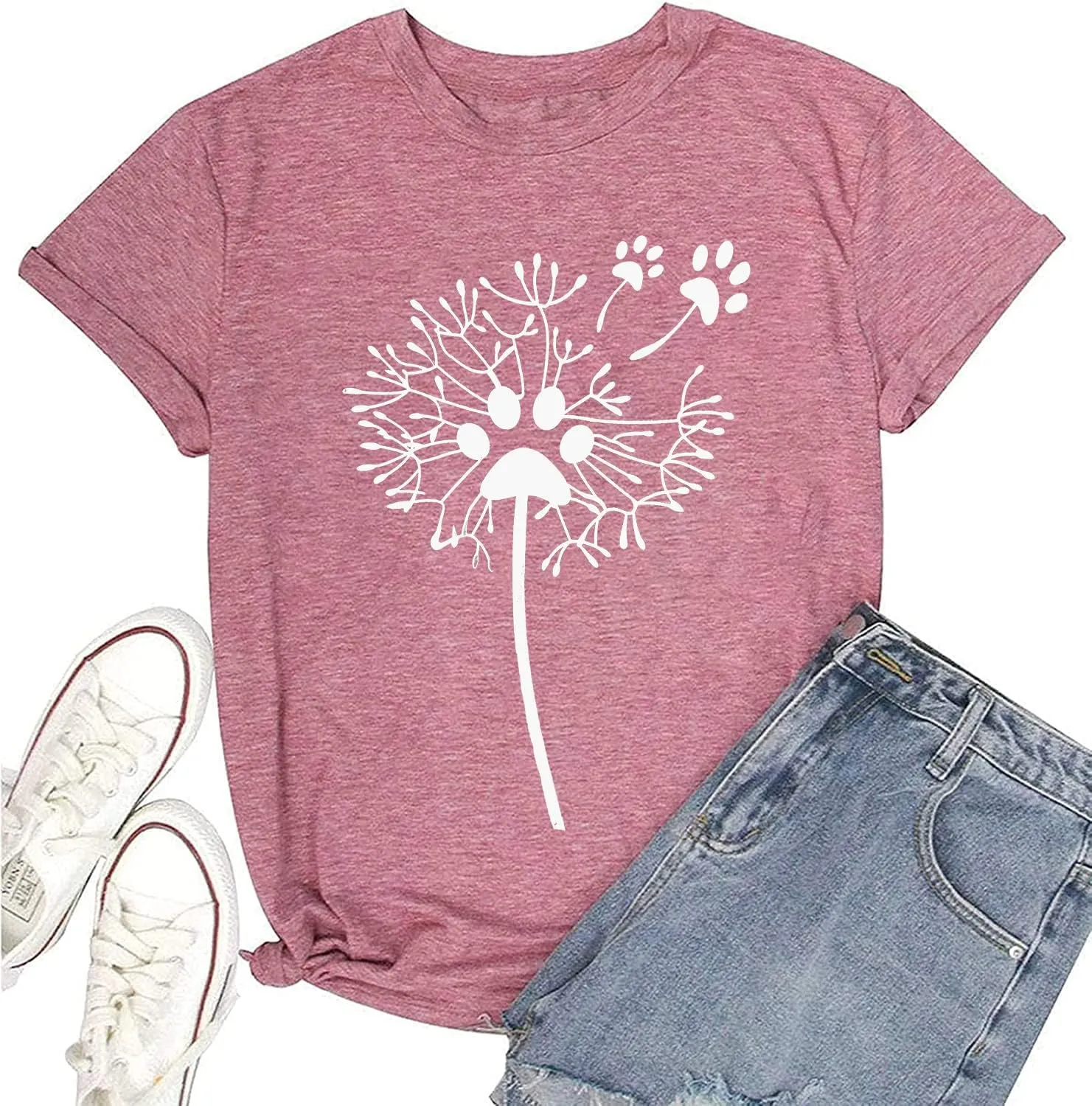 Women's Dandelion T Shirts Cute Wildflower Graphic Tees Funny Nature Bird Print Summer Casual Short Sleeve Tee Tops