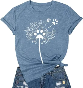 Women's Dandelion T Shirts Cute Wildflower Graphic Tees Funny Nature Bird Print Summer Casual Short Sleeve Tee Tops