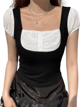 Womens E-Girls Short Sleeve T-Shirt Y2k Lace Trim Crop Tops Crewneck Fairy Grunge Tee Tops Aesthetic Summer Clothes