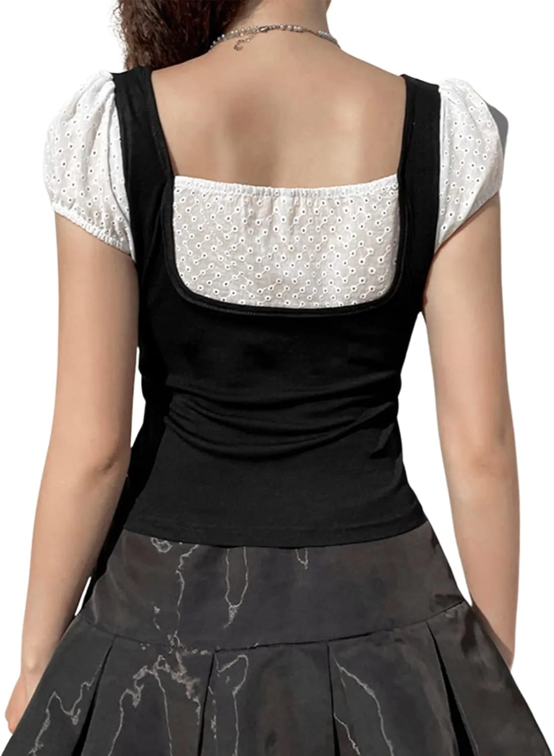 Womens E-Girls Short Sleeve T-Shirt Y2k Lace Trim Crop Tops Crewneck Fairy Grunge Tee Tops Aesthetic Summer Clothes