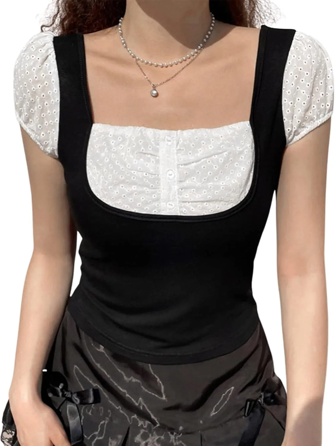 Womens E-Girls Short Sleeve T-Shirt Y2k Lace Trim Crop Tops Crewneck Fairy Grunge Tee Tops Aesthetic Summer Clothes