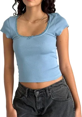 Womens E-Girls Short Sleeve T-Shirt Y2k Lace Trim Crop Tops Crewneck Fairy Grunge Tee Tops Aesthetic Summer Clothes