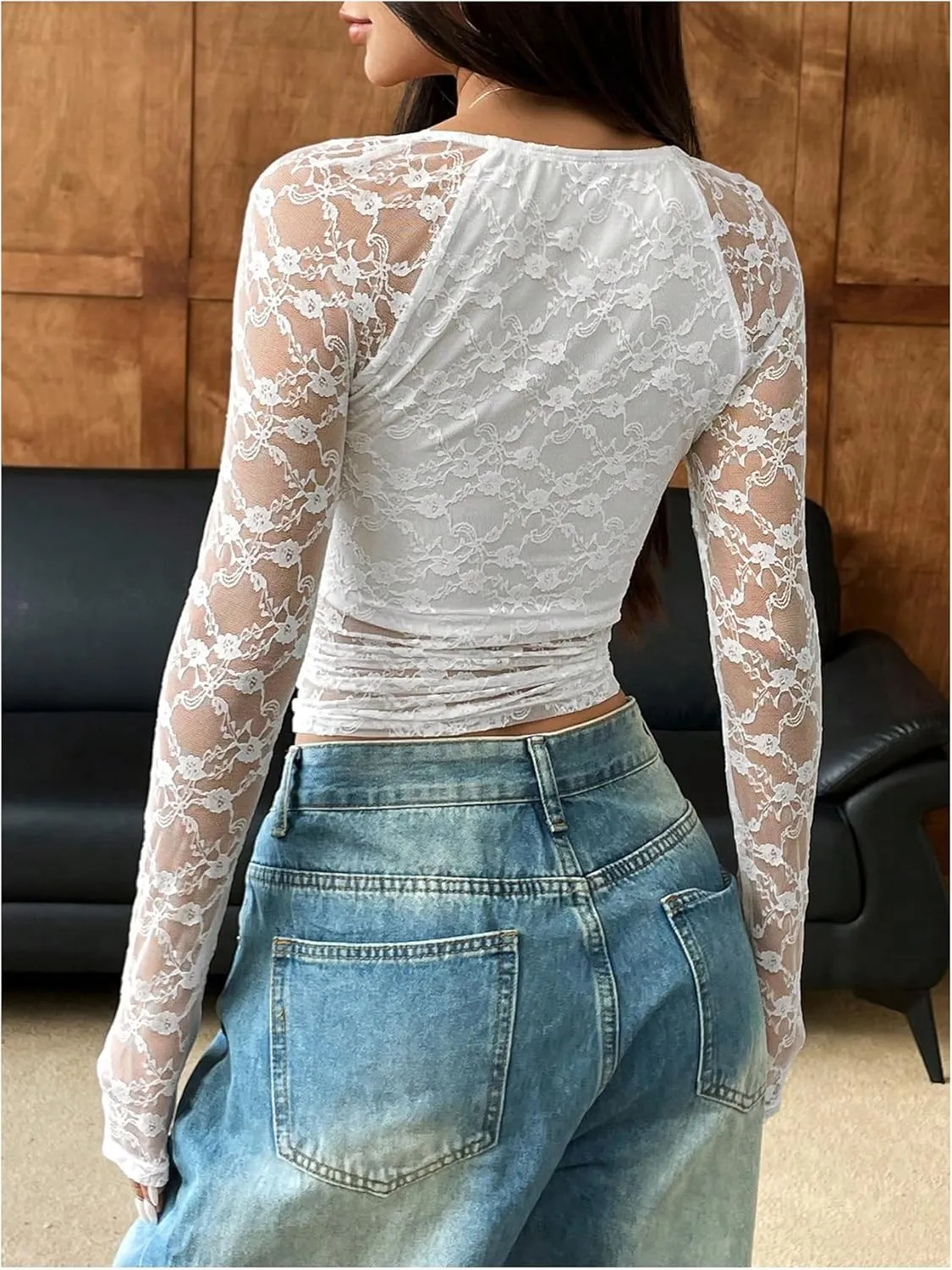 Women's Lace Sheer Mesh Ruched T Shirt Square Neck Long Sleeve Slim Fit Crop Tops