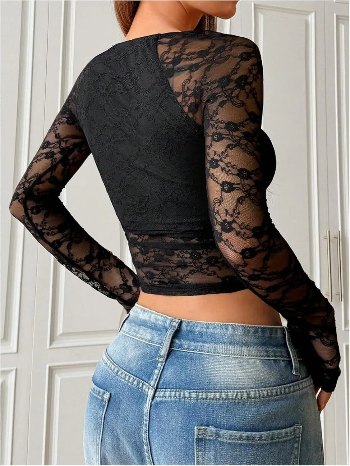 Women's Lace Sheer Mesh Ruched T Shirt Square Neck Long Sleeve Slim Fit Crop Tops