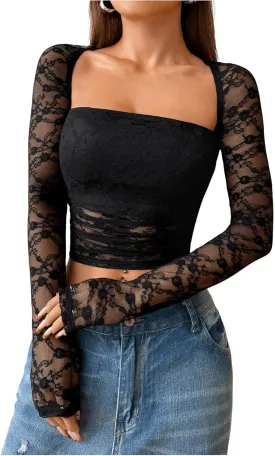 Women's Lace Sheer Mesh Ruched T Shirt Square Neck Long Sleeve Slim Fit Crop Tops