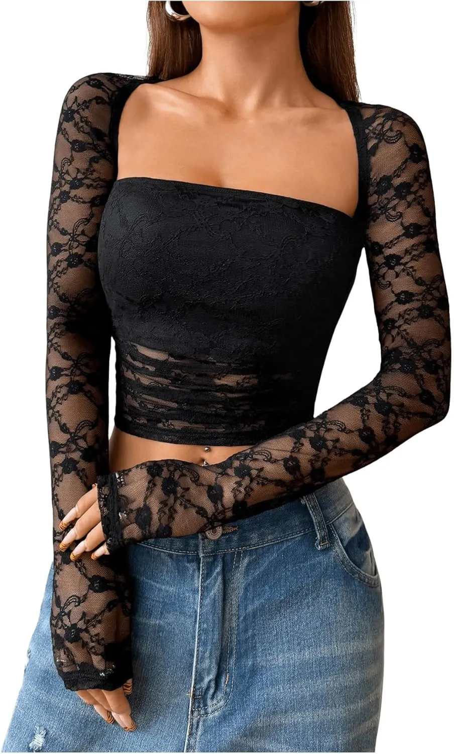 Women's Lace Sheer Mesh Ruched T Shirt Square Neck Long Sleeve Slim Fit Crop Tops