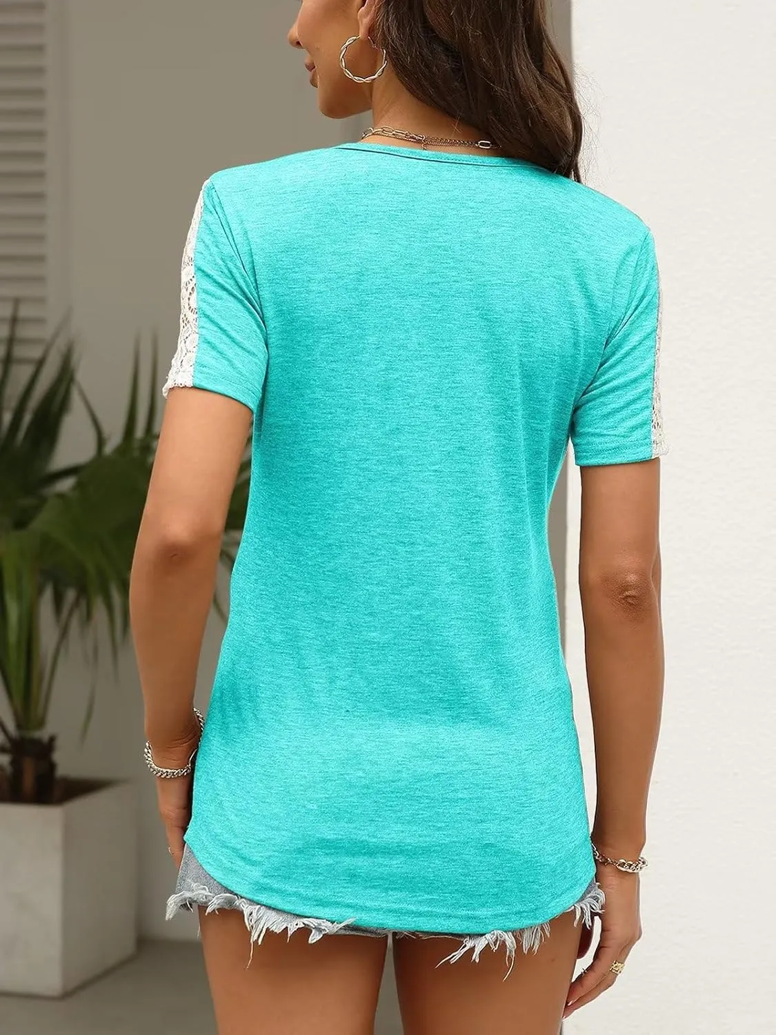 Womens Lace Short Sleeve V Neck T Shirts Summer Casual Tops Loose Fit Tees Blouses