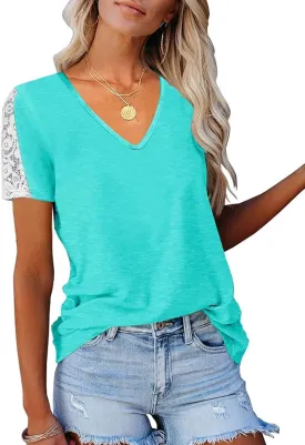 Womens Lace Short Sleeve V Neck T Shirts Summer Casual Tops Loose Fit Tees Blouses