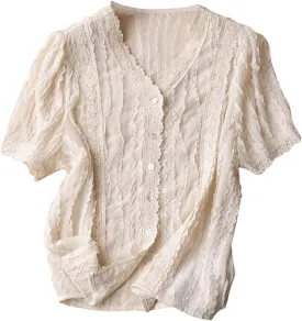 Women's Lace Trim Button Down Blouse V Neck Short Sleeve Ruffle T Shirt Summer Casual Top