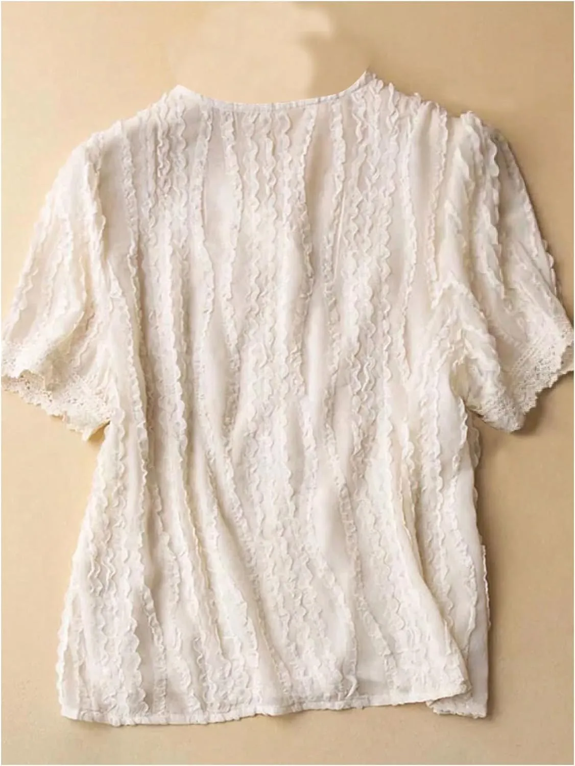 Women's Lace Trim Button Down Blouse V Neck Short Sleeve Ruffle T Shirt Summer Casual Top