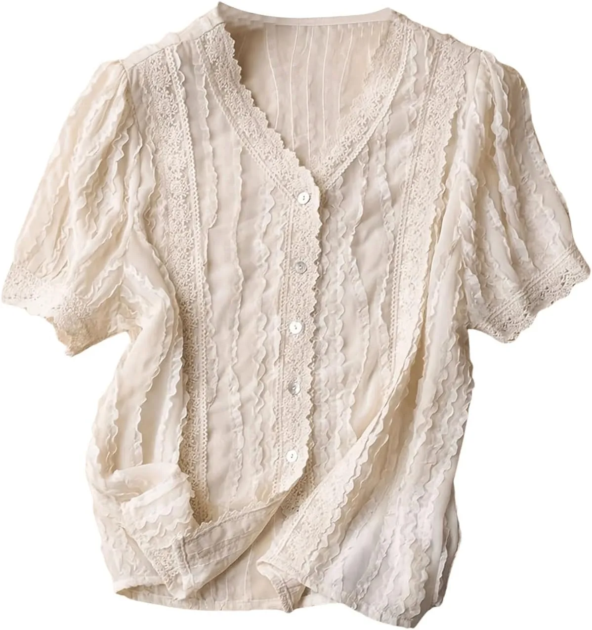 Women's Lace Trim Button Down Blouse V Neck Short Sleeve Ruffle T Shirt Summer Casual Top
