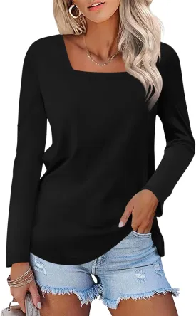 Women's Long Sleeve Shirts Square Neck Tunic Tops Dressy Casual Basic Tees Blouse Loose Fit