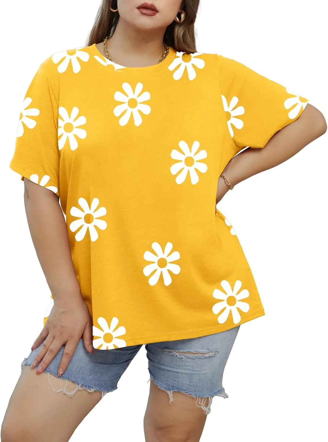 Womens Plus Size Daisy Graphic T-Shirt Summer Flower Cute Short Sleeve Shirts Casual Loose Tees Tops for Women