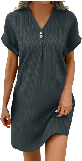 Womens Short Sleeve Casual Summer Dress V Neck Boho Beach Mini T Shirt Dress Dressy Work Button Down Swing Dresses