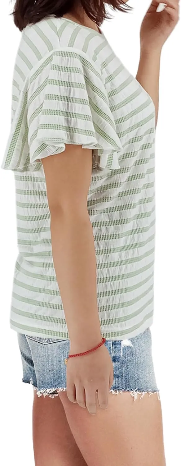 Women's Stirped Print Ruffle Short Sleeve T-Shirt Summer Tops Casual Round Neck Loose Fit Blouse Shirts