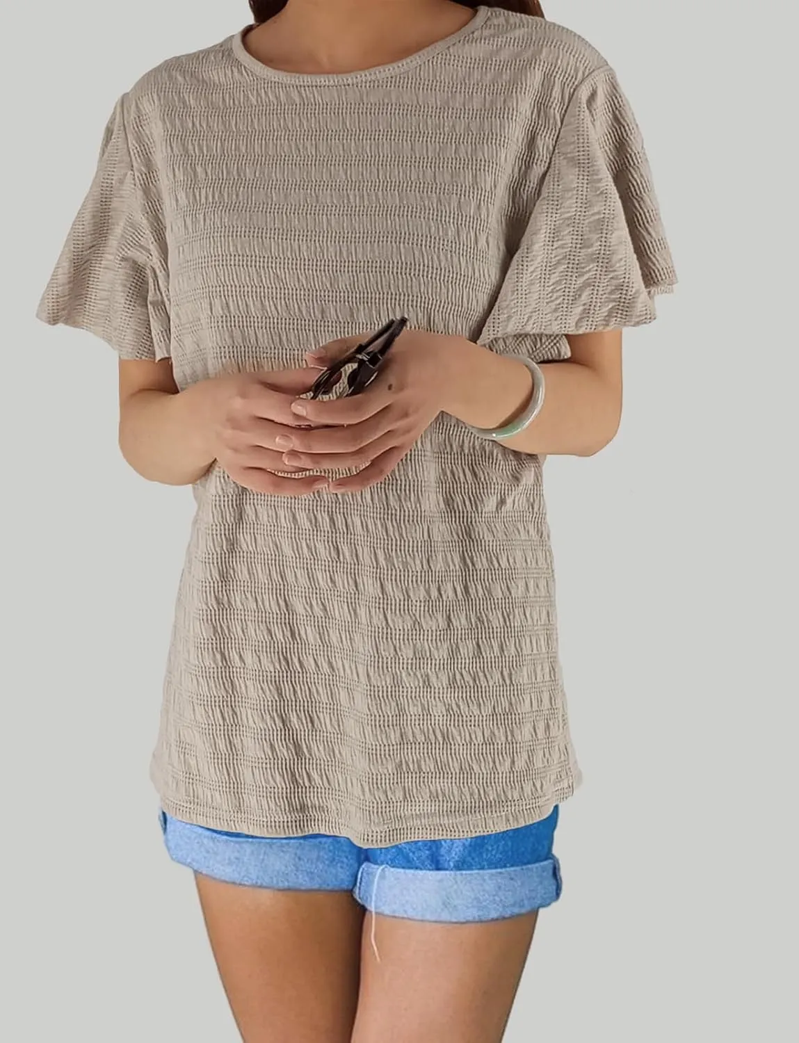 Women's Stirped Print Ruffle Short Sleeve T-Shirt Summer Tops Casual Round Neck Loose Fit Blouse Shirts