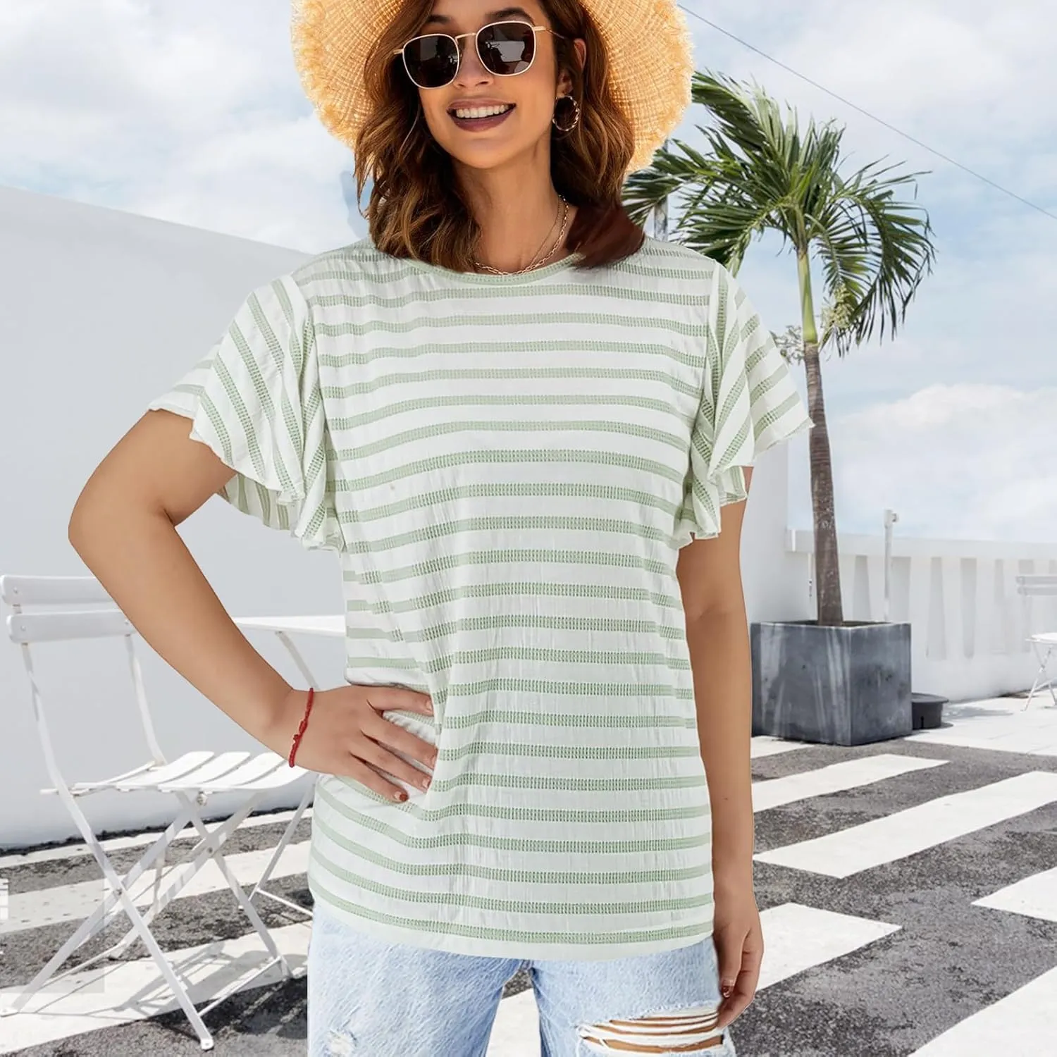 Women's Stirped Print Ruffle Short Sleeve T-Shirt Summer Tops Casual Round Neck Loose Fit Blouse Shirts