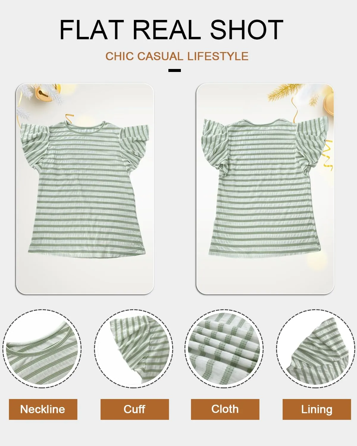 Women's Stirped Print Ruffle Short Sleeve T-Shirt Summer Tops Casual Round Neck Loose Fit Blouse Shirts