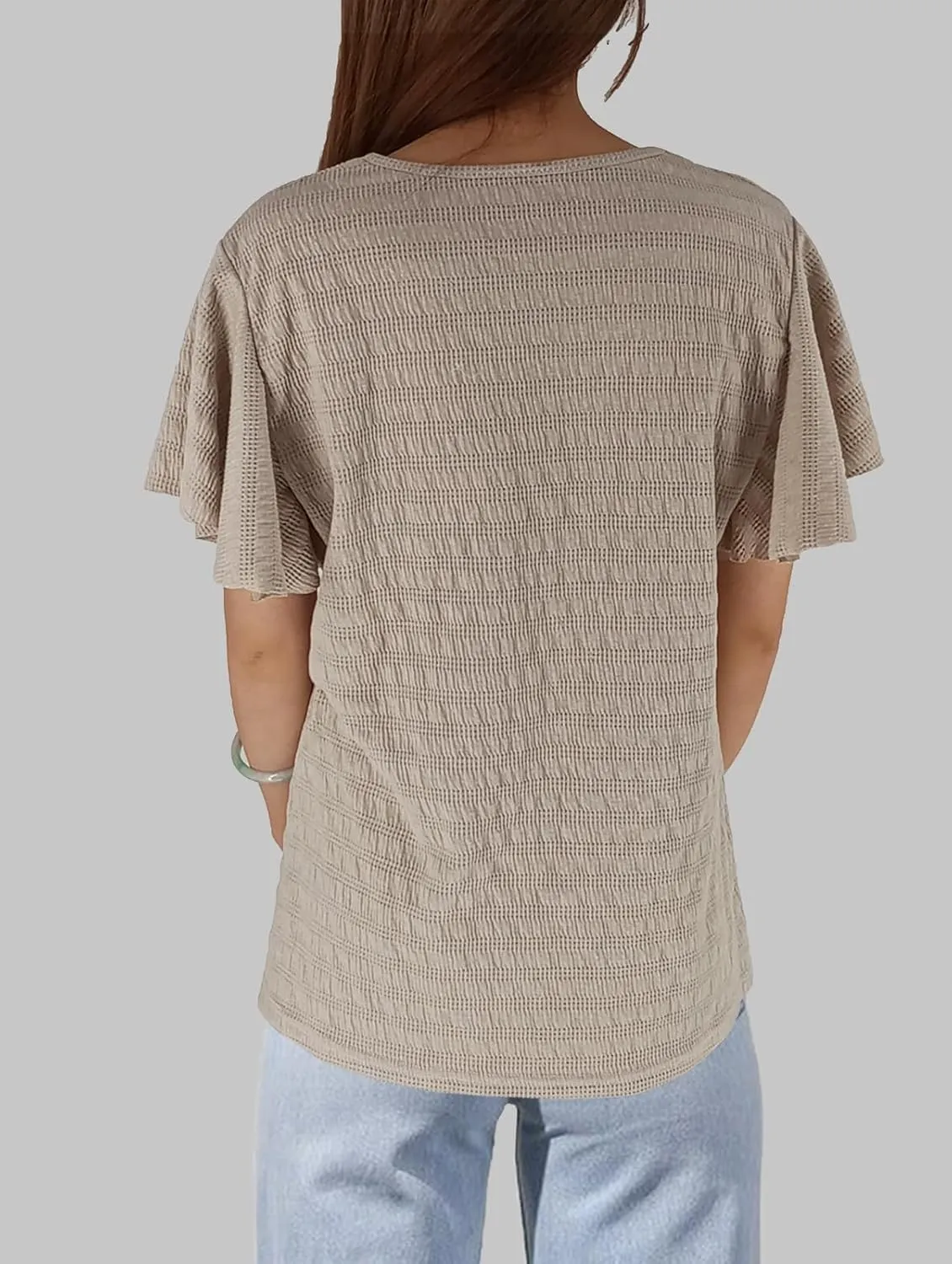 Women's Stirped Print Ruffle Short Sleeve T-Shirt Summer Tops Casual Round Neck Loose Fit Blouse Shirts