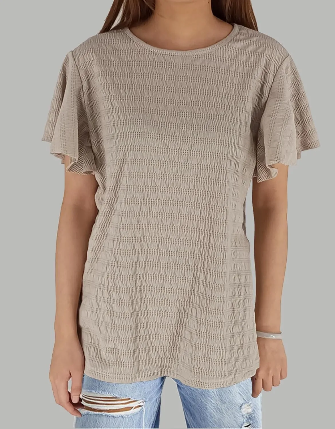Women's Stirped Print Ruffle Short Sleeve T-Shirt Summer Tops Casual Round Neck Loose Fit Blouse Shirts