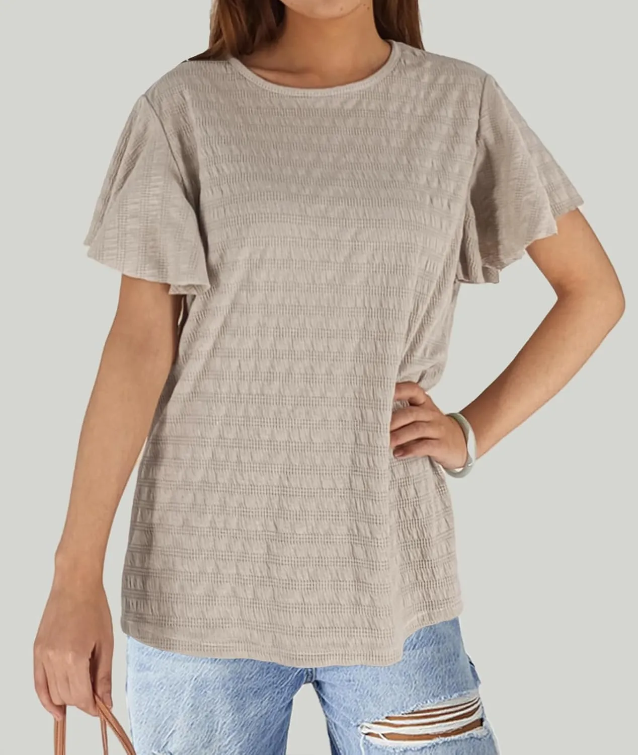 Women's Stirped Print Ruffle Short Sleeve T-Shirt Summer Tops Casual Round Neck Loose Fit Blouse Shirts