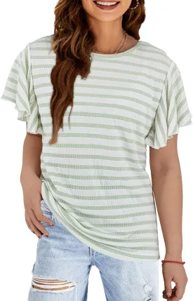 Women's Stirped Print Ruffle Short Sleeve T-Shirt Summer Tops Casual Round Neck Loose Fit Blouse Shirts
