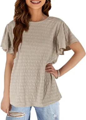 Women's Stirped Print Ruffle Short Sleeve T-Shirt Summer Tops Casual Round Neck Loose Fit Blouse Shirts