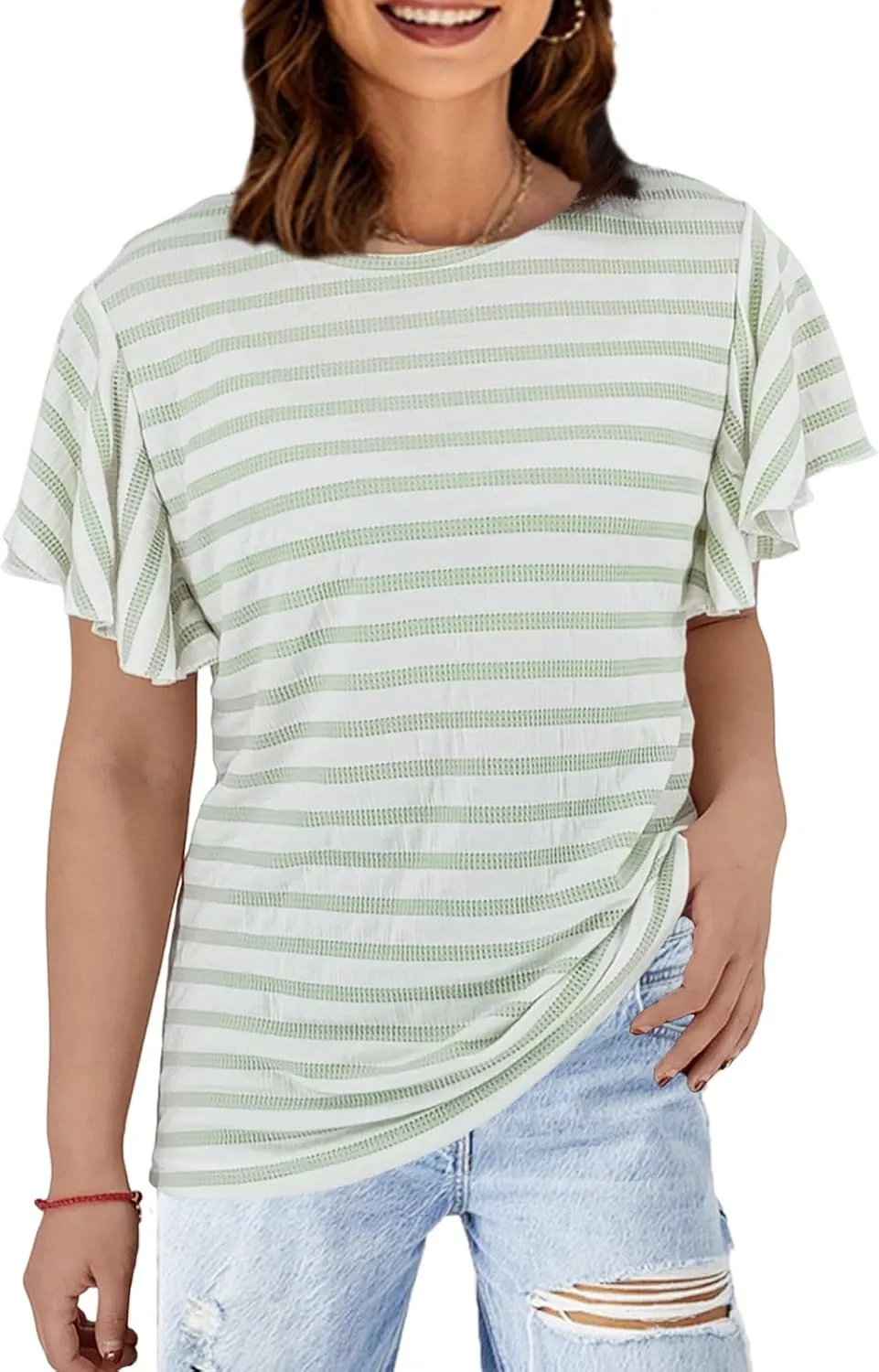 Women's Stirped Print Ruffle Short Sleeve T-Shirt Summer Tops Casual Round Neck Loose Fit Blouse Shirts