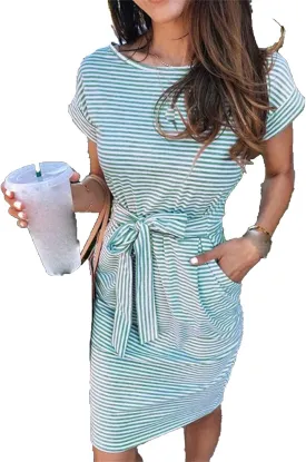 Women's Summer Striped Short Sleeve T Shirt Dress Belted Pencil Party Dresses Casual Crew Neck Tie Waist with Pockets