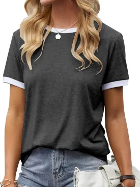 Womens T Shirt Short Sleeve Crew Neck Basic Color Block Tee Tops