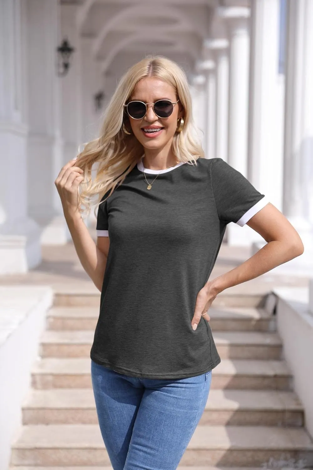Womens T Shirt Short Sleeve Crew Neck Basic Color Block Tee Tops