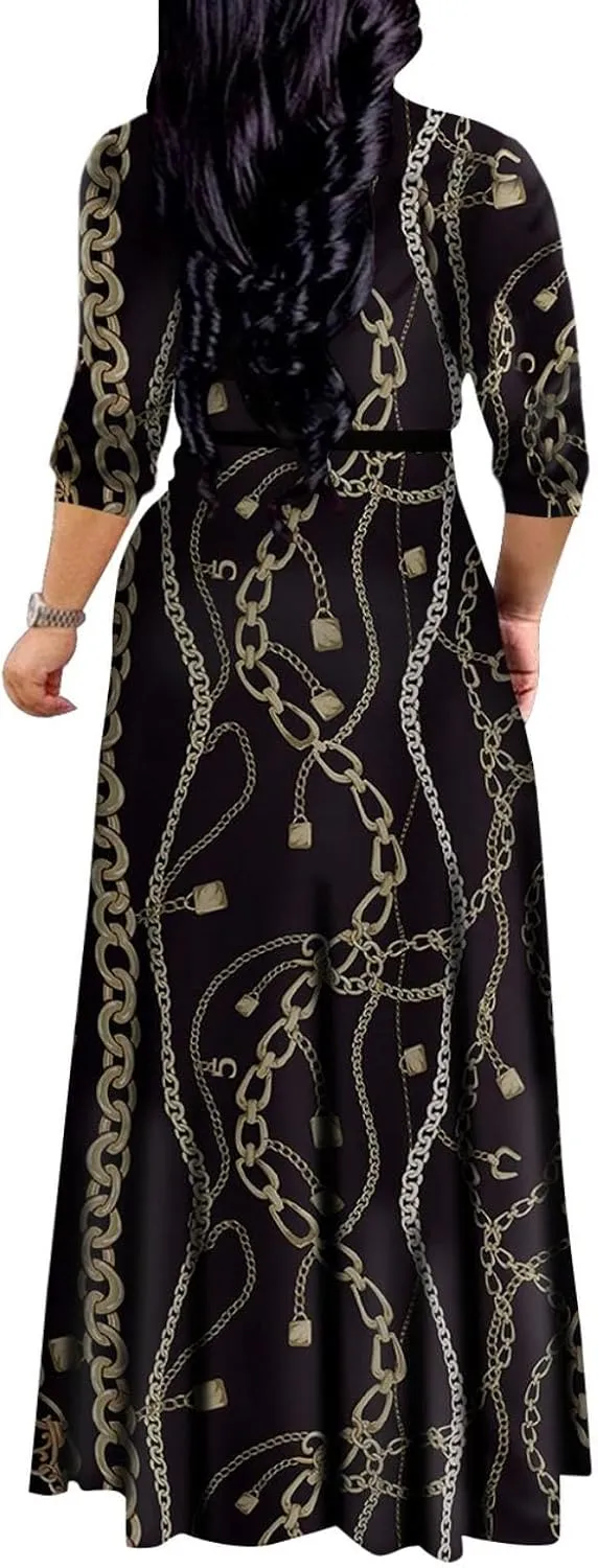 Yajedo Women's Maxi Dress Casual 2024 3/4 Sleeve Crewneck Wrap Floor Length Sundress Plus Size Maxi Dresses with Belt